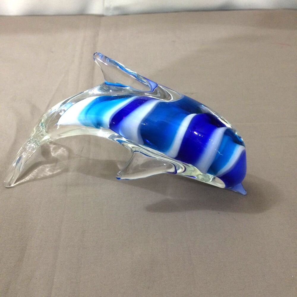 Blue White Art Glass Dolphin Figurine Hand Blown Murano Style 6" No Flaws
